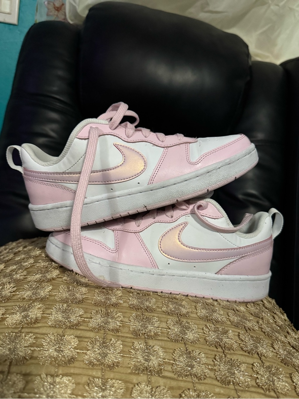 Nike Kids Pink and White Low-Top Sneakers with Iridescent Swoosh